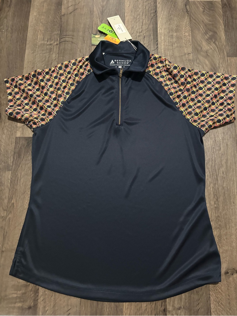 Bermuda Sands Women's Navy Short Sleeve Polo with Patterned Sleeves